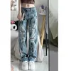 Женские джинсы Винтаж разбрызгивал для женщин 2024 лето -уличная одежда Y2K Lake Fasual Straight High Talaed Womens