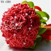Decorative Flowers Red Wedding Bouquet Bead Rose Bride Wholesale With Green Ribbon Bridesmaid