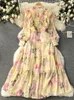 Robes décontractées français élégante robe imprimée femmes plissées minces à volants en mousseline de mousseline florale A-line manche à manches longues