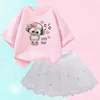 Ensembles de vêtements Summer Girls Clothing 2024 Mignon de vêtements en hibou Ensemble de vêtements adaptés aux enfants âgés de 3 à 14 t-shirts + jupe tutu 2pcs filles setl2405l2405