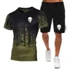 남성용 트랙복 남성 2 개 여름 여름 새로운 그라디언트 티셔츠 및 반바지 세트 패션 두개골 인쇄 거리 의류 레저 스포츠 Q2405010