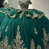 Emerald Green glanzende quinceanera jurk baljurk goud kanten applique kralen verjaardagsfeestje korset sweet 16 vestidos de 15 anos