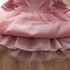 Meninas vestidos de primavera Meninas Vestido sólido Solid Sweet Princess Style Lace Decor TULLE TUTU CRIANÇAS CRIANÇAS CRIMEIRAS DE CASAMENTO FESTO RESULHOS 2-9Y