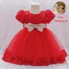 Fille robe infantile Gold Bow Wedding for kid baptême 1er anniversaire tulle fête se passer robe tout-petit princesse bébé vêtements vestido