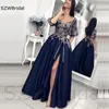 Party Dresses Arrival Navy Blue Embroidery Satin Evening Long Abiye Sexy Split Lace Gown With Pockets