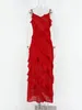 Élégants robes de glissement de mousseline rouge pour femmes Spaghetti Spaghetti Backlessles à lacets Ruffles Long Maxi Evening Party Prom Robe 240511