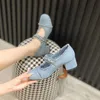 Nieuwe denim chunky hoge hakschoenen vrouwelijke zachte ronde teen casual schoenen vrouwen parel ketting hoge hak schoenen comfortabele vrouw schoenen feestschoenen vintage vrije tijd schoenen