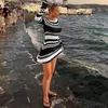 Bikini -Deck -Strandkleid Badeanzug für den gestrickten Streifen Rückenfreie 2024 Frauen fliehen langen Ärmeln Spitze kurzer Rock Nylon und