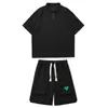 Herrspårar Kort ärm Polo Shirt+Shorts Fashionabla Waffles Loose and Casual Mens Set Simple Lapel Street Clothing Green Plus Size 5XL-M Q240501010