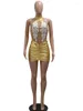 Casual jurken Kricesseen glanzende gouden metalen geborduurde ruches Mini Dress Glam mouwloze halter nek kort feest sexy clubkleding
