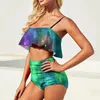 Swimwwear Women Sexy Green Galaxy Bikini maillot de bain coloré imprimé haut de taille haut ensemble de plages à volants