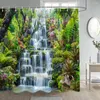 Duschvorhänge Wasserfall Landschaft Springwaldgrüne Bäume Pflanzen Naturlandschaft Polyester Stoff Badezimmer Vorhangdekoration Set