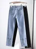 Women's Jeans Women Trousers Button Denim Cropped Buckles Slim-fit Straight