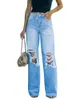 Jeans féminins Harajuku Ripped Femmes Pantalons denim Classic Deep Crotch Y2k Blue High Waist 90S Band Pantalon droit jambe droite