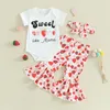 Zestawy odzieży niemowlę dziewczynki letni strój Letter Strawberry Short Sleeve Romper Shirt Flare Pants Opaska na głowę Zestaw ubrania 3PCS