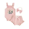 Clothing Sets Born Baby Girl Summer 3Pieces Embroidered Floral Sleeveless Tank Romper Ruffle Cuffs Shorts Headband Waffle Knit Outfits