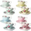 Tasses Saucers tasses à thé floral et soucoupes Ensemble de 8 (8 oz) garniture en or et boîte à cadeaux tasses à café de tasse à thé floral ensemble de tasses à thé britanniques