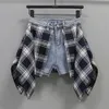 2024Summer Fashion Denim Shorts Plaid Patchwork Fake Twopiece Pants courts tendance Ligne large Aline jupe Femme 240508