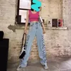 Kadınlar Kot Kore Moda Mektubu Baskı Kadın Yüksek Bel Y2K Kot Pantolonlar Vintage Düz Bol Pantolon Sokak Giyim Geniş Bacak