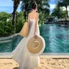 Vestidos informales Bohemian Holiday Beach White Long Dress Elegant Women V Neck Spaghetti Strap Ruffles Hollow Out Chiffon Backless Summer Batter