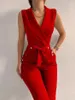 Kvinnors ärmlös jumpsuit fast färg övergripande bodysuitkläder kontorsstil v-ringning snörning jumpsuits höga midjebälte byxor 240511