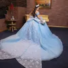 Sky Blue Shiny Sweetheart Quinceanera Dress Off Shoulder Bow Beading Tull Ball Gown Corset Sweet 16 Vestidos De 15 Anos