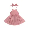 Abiti da ragazza abito a maglie per bambini elegante senza maniche cravatta a cacciatore di colore solido senza schienale tulle per 0-24m per 0-24m