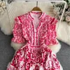 Jamerary Runway Red Blue White Porcelain Floral Mini Dress Women Short Sleeve Single Breasted Vintage Holiday Robe Party Vestido 240510