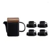 Canecas de chá nórdico de cerâmica e panela com tampa de madeira listras verticais listras de café caneca pires de aço inoxidável