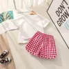 2Pcs Summer Baby Clothes Set Fruit Print Kids Girls Short Sleeve Tshirt Suit Plaid Shorts Fashion Cotton T Shirt Pants 240426