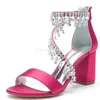 Sandalen Bling Strasssteine Ketten Chunky Ferse Offene Zehenkristalle Pink Blue Green Satin Dicke Hochzeitsaberchen