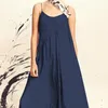 Casual Dresses Women Maxi Dress A-line Big Swing Full Length Sleeveless Solid Color Round Neck Spaghetti Strap Backless Patchwork Strappy