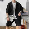 Лето 2 куска для мужской пиджаки и шорты негабаритная чистая посадка мужская одежда в корейском стиле повседневная свободная короткая рубашка наряды Man 240428