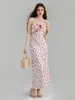 Casual Dresses Women S Floral Print Long Cami Dress Sleeveless Spaghetti Strap Front Ribbon Tie-Up Slim