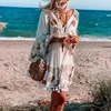 Donne Starfish Flower Stampa a maniche lunghe Vneck Beach Bohémien Naperone Mini Boho Vestidos 240508