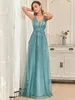 Festklänningar Elegant kvällslång spetspärlor Vneck ärmlös 2024 Ever Pretty of Dusty Blue Simple Backless Prom Women