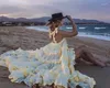 Lässige Kleider Boho Nähen Spitzen Rüschen Gezeiten Bow Spaghetti -Gurtkleid Ethnische Frau Slash Halsband Langes Big Swing Kuchen Holiay Robe