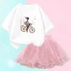 Kläder sätter flickor modekläder set Summer Rabbit Ear T-shirt och fluffy tutu Dance Ski Childrens Clothing 2st Set Holiday Party Clothingl2405