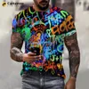 الموضة الصيفية للموسيقى الفن الملونة النيون غرافيتي 3D تي شيرت رجال الهيب هوب الترفيه شارع الملابس شارع كبير تي شيرت بارد أعلى 240510