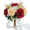 Dekorativa blommor realistiska konstgjorda rose återanvändbara bröllop bukett med band bowknot gröna blad elegant multicolor
