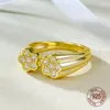 Clusterringe süßes zartes Doppelblumendesign klares kubisches Zirkongelgel Gelbgold 925 Sterling Silber Verstellbarer offener Ring