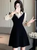 Casual Dresses Autumn Winter Black Corduroy Patchowrk Bow Long Sleeve Dress Women Preppy Style Polo Collar Mini 2024 Korean BodyCon