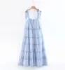 Lässige Kleider Boho Nähen Spitzen Rüschen Gezeiten Bow Spaghetti -Gurtkleid Ethnische Frau Slash Halsband Langes Big Swing Kuchen Holiay Robe