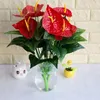 Flores decorativas Kunstmatige Bloem Mooie Bladeren Anthurium Rood Groen Simulatie Oficina Home Party Decoratie Accessoren