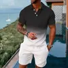 Tracksuits voor heren zomerheren 3D geprinte kleurgradiënt poloshirt+shorts tweedelig zachte en modieuze casual trackset Q2405010