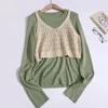 Women's Sweaters Knit Vest Long-sleeved Sweater Shirt Two-piece Set Female Spring Fashion Fold Wear Tank Purple Pullover Korean Elegant