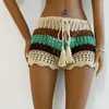 Frauen Shorts Frauen häkeln Hohlkörper Sarongs Kontrast Streifen durchsichtige Strand Strand Sommer Bikini-Böden bedecken Schwimmstämme