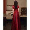 Party Dresses Burgundy Satin Evening Dress Elegant Lace Edge V-neck Sweet Bow Short Sleeve Floor-length Homecoming Vestidos