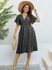 Elegant Black Printed Casual Plus Size Women Long Dresses Summer VNeck Party Short Sleeve ALine Female Large Midi 240425