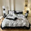 Bettwäsche -Sets 2/3pc Französisch Vintage Schwarze Rüschen Bettdecke Set mit Kissenbezügen Nordische Luxusblumen Pflanzendecke
